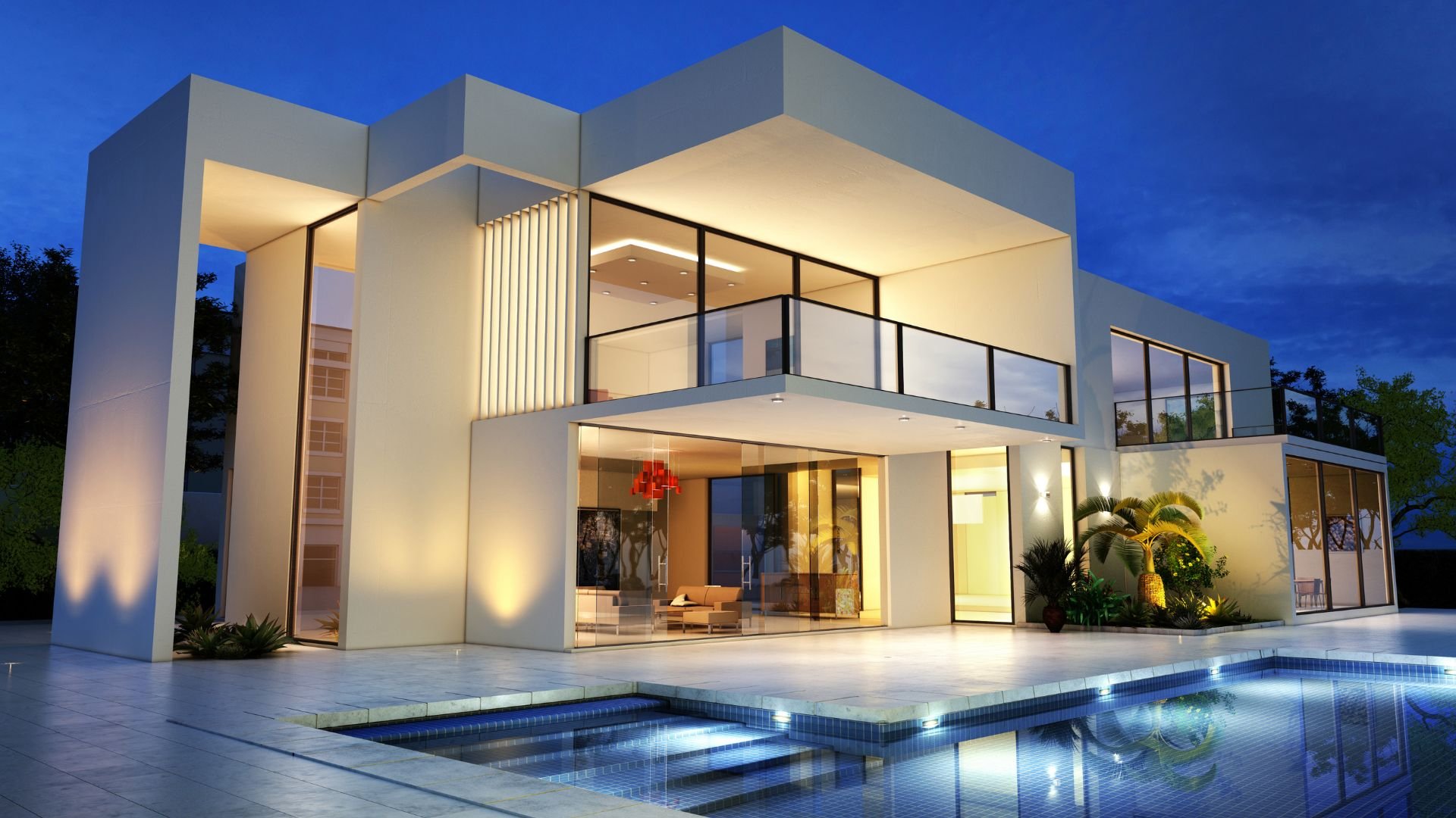 Modern white two-story house with glass walls and swimming pool at night